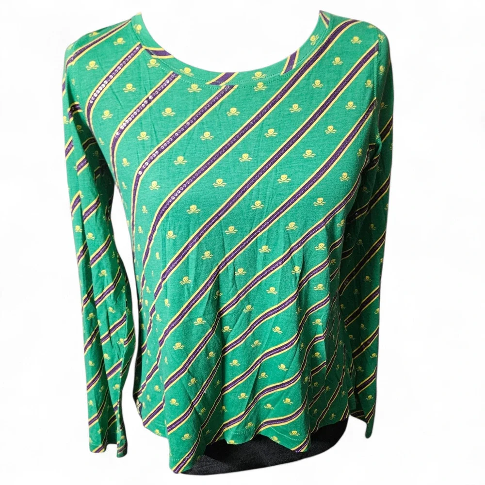 Ralph Lauren Girls Large 12-14 Green Sequin Stripe Skull Crossbones Shirt L/S